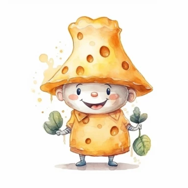 Illustration of a charming cheese character in the form of an Italian, clip art, digital art, HD, white background, watercolor, clear liner