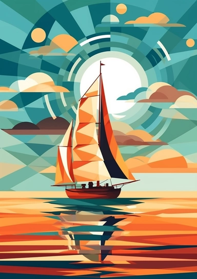 isolated clip art image cubism art style themed sailing boat on the horizon, ocean