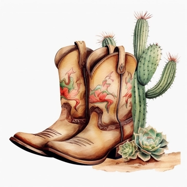 White background, Cowboy boots, clipart, Cowboy hat on shoes, pastel