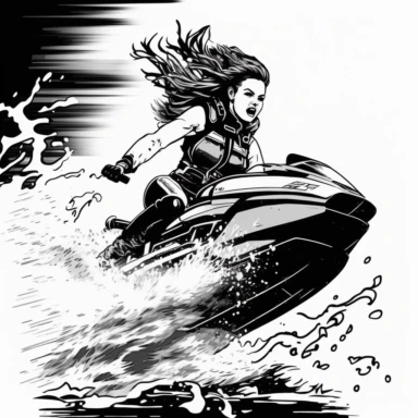 a clipart of a woman riding a jet ski, view is from the side, action shot, flying up and through the air, black and white