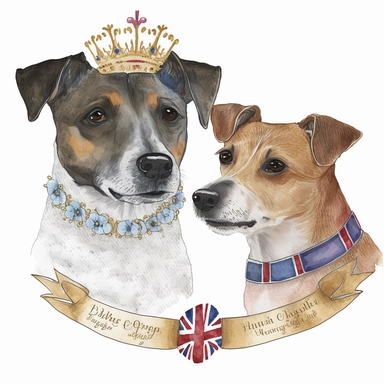 Pastel watercolour clipart svg white background of 2 smiling happy Jack Russell terrier dogs. 1st dog is brown an black fur the 2nd is light brown both are smiling, both wearing a large gold King crown on heads, place each dog face in thick shinny gold ornate frame made from gold leaves, both dogs are wearing a colourful vibrant red an blue union jack dog collar, a personlised banner at the bottom to write someone's name on.