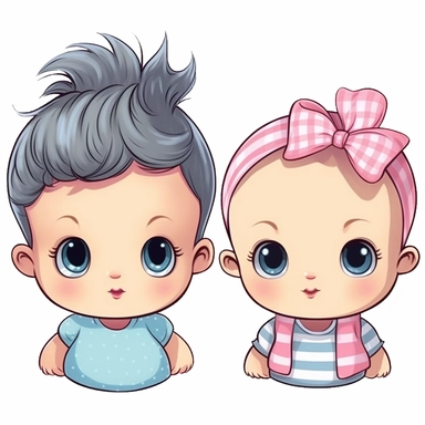 cute baby girl and baby boy clipart, cartoon style, solid edges, high resolution