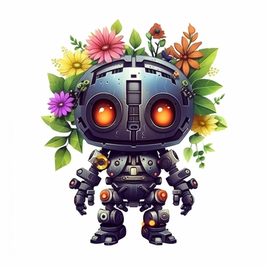 Floral Dark Fantasy Cute Kawaii Robot Clipart, Flat Cartoon, hyper realistic, intricate detail, illustration style, high resolution, on the white background