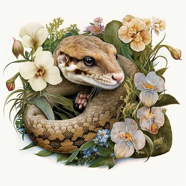 cute boa constrictor, clipart, flowers, realistic, very detailed, white background