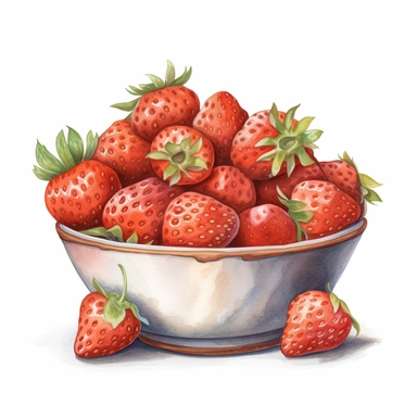 watercolor, hyper realistic, white background, white margins, 16k, ultra detailed clipart, cut out image, hand-drawn illustration style for picture books A bowl of ripe, juicy strawberries with a dollop of whipped cream, warm orange-brown color theme