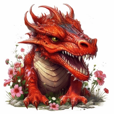 baby red dragon, visible teeth, scary face, angry, few vibrant flowers grows on his neck, very detailed, clipart, white background