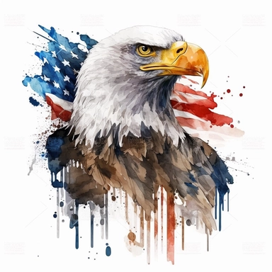 watercolor bald eagle with american flag clipart, white background