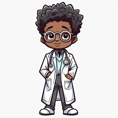 black doctor kid clip art vector, simple, thick cartoon lines, white background, anime style