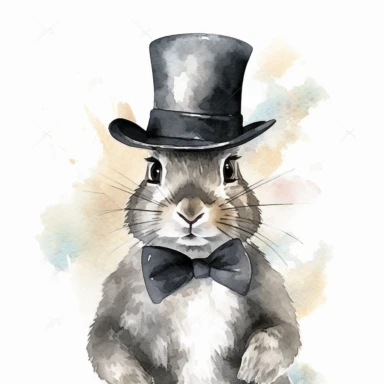 Cuddly Bunny Clipart wearing a stylish bow tie and top hat ready for a magic show in the style of oil painting, on a white background