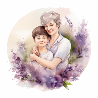 cute watercolor clipart with pale skinned older mom and adult son hugging echother in circle, beautiful, hight quality, pastel colors, white background, decorated with white lilas