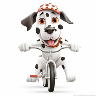 Clipart of a funny dalmatian in frontal view riding on a bicycle on white background