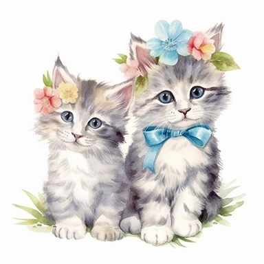 watercolor clipart, cute, fluffy, playfull, baby cats, floral headbands, painted, high quality, detailed, white background,