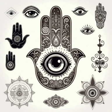 mystical hamsa hand and illuminati celestial dark minimalism clipart various symbol doodle esoteric elements white background