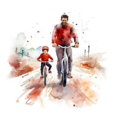 fathers day, father and son, cycling onthe road, water colour, clipart