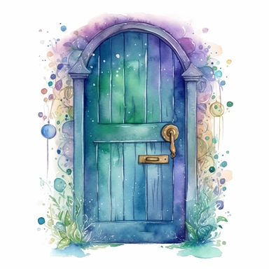 cartoon fairy door, glowing lights and sparkles, colors of green purple gold and blue, glamorous realistic and detailed, watercolor, white background with margins, clipart style