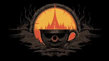 The menacing Eye of Sauron as a central design element, accompanied by the humorous phrase, One Mug to Rule Them All. The design combines the dark allure of the series with a touch of lightheartedness. clipart, cartoon, color, dark outlines white background