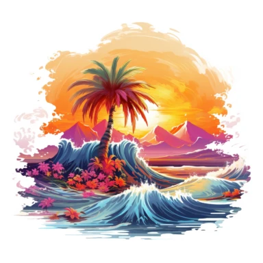 artwork majestic palm tree in digital painting style, beautiful flowers, sunrise mountain and clouds, big sea waves, water splashes, water splashes, white background, colorful fantasy flower surround, highly detailed clean, vector image, photorealistic master piece, professional photography, realistic, flat white background, isometric, vibrant vector, clipart, illustration, realism, 4k, cinematic, front view, white background