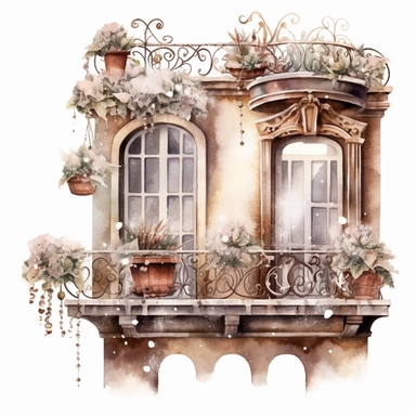 watercolor clipart of a cute vintage balcony, sparkles, cosy winter wonderland vibes, isolated on white background
