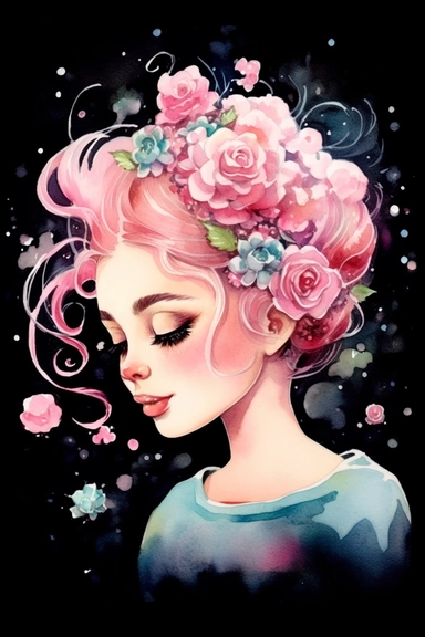 a cute cartoon pretty young Girl with a high white and pink ligth colored bun and roses sparkling around her profile, long curly hair with mini flowers in head, portrait, daydreaming expression in watercolor form, sarah kay and holly hobbies, clipart, watercolor, smiling, on a blackbackground, daydreaming expression in watercolor form