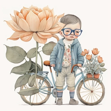 watercolor, very cute little child in a pastel blue coat with lots of pockets, vintage aviator glasses, baby orange trousers holding a little vintage toy, with a backpack, on a vintage bicycle, sorounded by big lotus flowers with long stem, clipart, white background