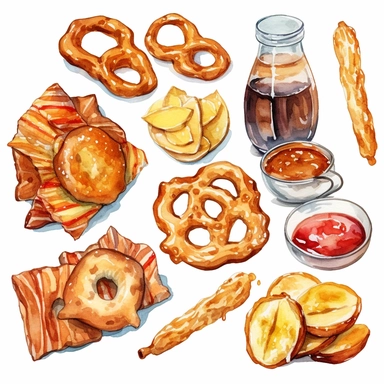 Pretzels and Snacks: Paint clipart of pretzels, nachos, or other beer-friendly snacks, highlighting their delicious and tempting appearance, full color, clipart, watercolor illustration, single object, high definition 8k, white background for removing background