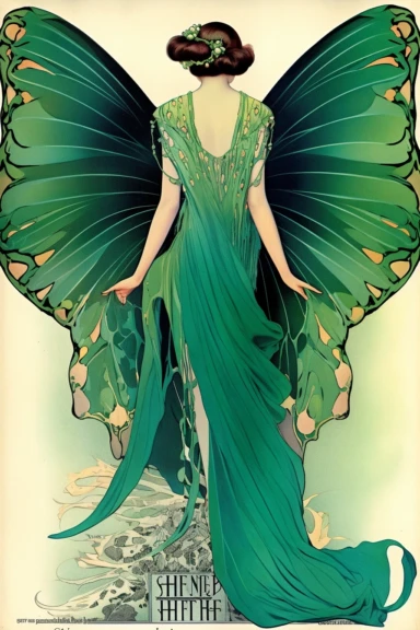 Vintage 1920 Symmetrical Fully Clothed Female Fairy with Large green Wings on its back Illustration, Chromolithograph, 1920s Illustration, Vintage, Antique, Ephemera, Clipart, 8k, on a vintage magazine cover