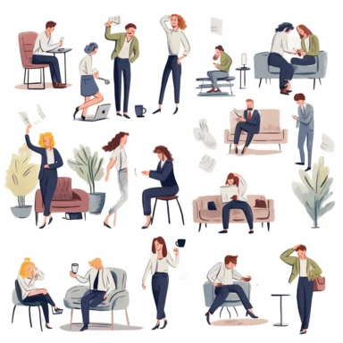 watercolor, Set of busy people in stress and fatigue at work. Employees are overloaded with business tasks. Office workers in anger and anxiety. Burnout concept. png Full body realistic cartoon in 32K UHD cute. 15 cm thick outline. Black color. There was no shadow on the ground. 8k with realistic watercolors and detailed illustrations. PNG clipart, transparent white background