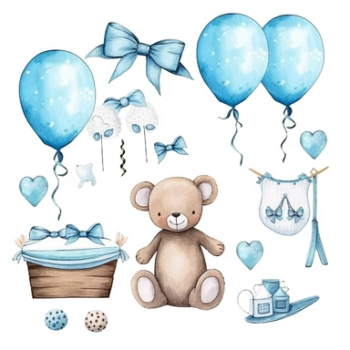 watercolor illustration, cute gender reveal doodle clipart, boy or girl, high resolution, detailed doodle, white background, items clipart for baby shower gender reveal