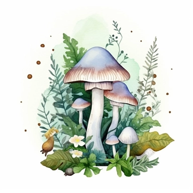 White and cyne magic mushrooms, morel mushroom, button mushrooms, watercolor illustration, plants and small flowers around and creating some background, green leaves and ferns, dreamy, clipart