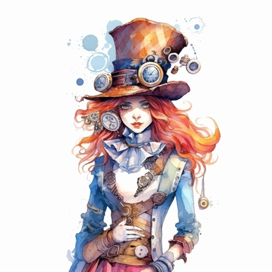 An alice in wonderland character , watercolor steampunk style, white background, clipart
