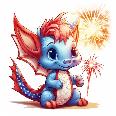 illustration of cute red baby dragon in red white and blue american flag colors, celebrating 4th of july with fireworks, clipart svg, white background