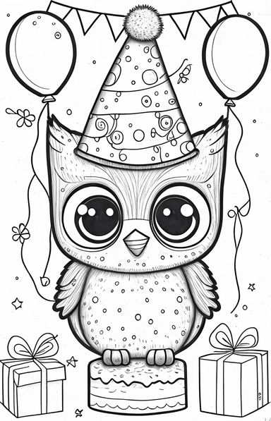 a cute and happy owl's birthday, black and white clipart for a kids coloring page, thin black lines, simple details, accurate features, illustration style