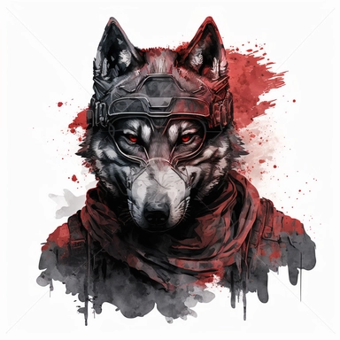 Wolf Wearing call of duty ghost mask Portrait looking at the camera watercolor illustration, Painting, Animal Illustration, clipart isolated on red ,by George Stubbs