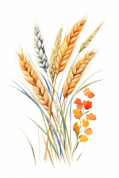 watercolor different grasses and cereal plants, solid background, clipart