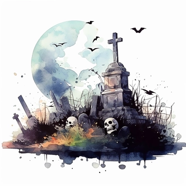 halloween graveyard, watercolor, clipart, white background, grotesque, sketchfab, under the moonlight, eerie color scheme, dark scary colors, closeup