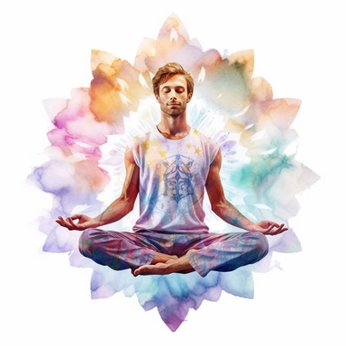 enchanted Front illumination of ultra realistic watercolor of full body of a cute mindfull happy guy, doing yoga lotus pose ,deep meaning, profound, highly detailed and realistic, insane quality, mystic, wiccan, art nouveau art style, clipart witchcore dreamcore cottagecore, good looking meditation, yoga calm, serene, healthy, white background no text, isolated on white, watercolor illustration, award winning, strong and sharp lines