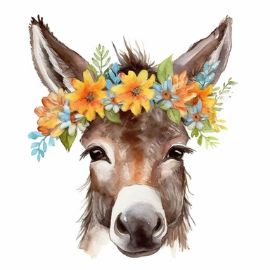 watercolor a funny donkey, wearing flowering head cover, clipart, isolated on white background, no watermark, HD