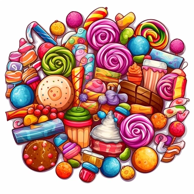 Subject: Various types of candy Type: Detailed and realistic cartoon art Position: Overhead view Design a colorful and eye-catching clipart of different types of candy. Show a wide array of sweet treats, including lollipops, chocolates, gummies, and hard candies. Use vibrant colors and intricate details to bring each confection to life. Draw the candies in a way that makes them look irresistible and delicious. The overhead view will provide a unique perspective, making the viewer feel like they'