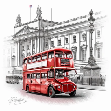 vibrant london red bus driving past Buckingham Palace detailed colourpencil drawing clipart svg white background