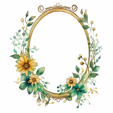 watercolor clipart of a empty suttle dainty floral oval frame surrounded by gold color flowers and emerald green flowers. Capture the essence of blooming beauty and intricate details in your artwork, white background