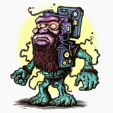 shambling limping dwarven zombie with tesla coils coming out, dark electric aura, Basil Wolverton Josh Kirby Dave Gibbons handpainted enamel punk zine indie retrowave, clipart illustration, solid white background
