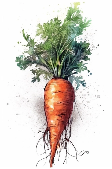 a large carrot with leaves, tshirt design clip art, watercolor style of art on a white background