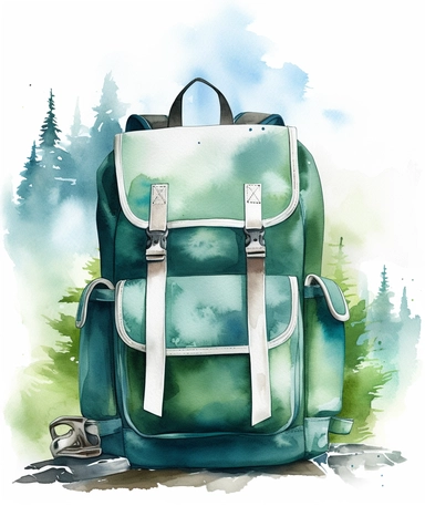 watercoler clipart, a green, backpack with straps on it, in the style of light silver and light indigo, iso 200, ben goossens, outdoor scenes, dark teal, swiss style, video feedback loops