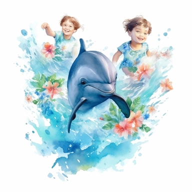watercolor boys and girls swimming with dolphins, roses clipart on white background