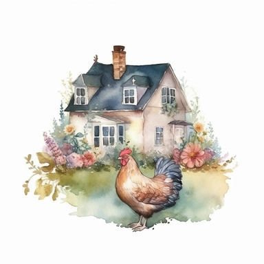 Small Farm house for Chicken Sitting over leaves and Flowers Surrounded,Isolated,Watercolor Clipart,White Background