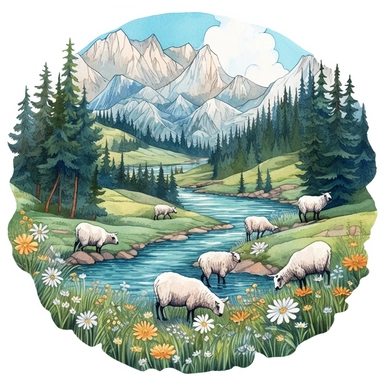 professional gouache hand-painted illustration of Mountain River in the middle surround by trees, flowers, plants, herd of sheeps on the side, spring, focus on the mountain, Landscape clipart, hiking, nature, camping, white background, natural form, very detailed, deep colour, 8k