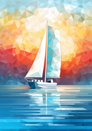 isolated clip art image cubism art style themed sailing boat on the horizon, ocean