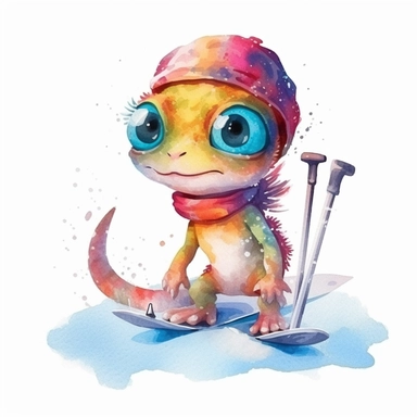 Cute Gecko BABY, BEAUTIFUL big SHINING EYES ,HAPPY, dressed like skier on skiis, Watercolor Little Animals Clipart, COLORFUL