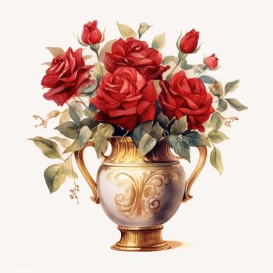 watercolor, white background, clipart, watercolor, white background, ultra-realistic and hyper-detailed clipart beautiful vase full of red roses, red and rich gold hues