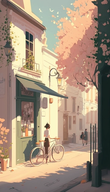 In the style of octane rendering + atey ghailan + studio ghibli Cute Parisian STREET with coffee shop and flower shop, cinematic lighting , elegant, sunny, summer with flower, flowering trees, birds flying in the air ,idyllic ,high definition folk style + folk style + hand draw Disney illustration style girl riding her bike in the streets over a town of a village on a sunny day, queer, romantic, cozy, vector, clipart, elaborate, cute, limpid, well composed, vibrant color tone, maximalism + 8k re